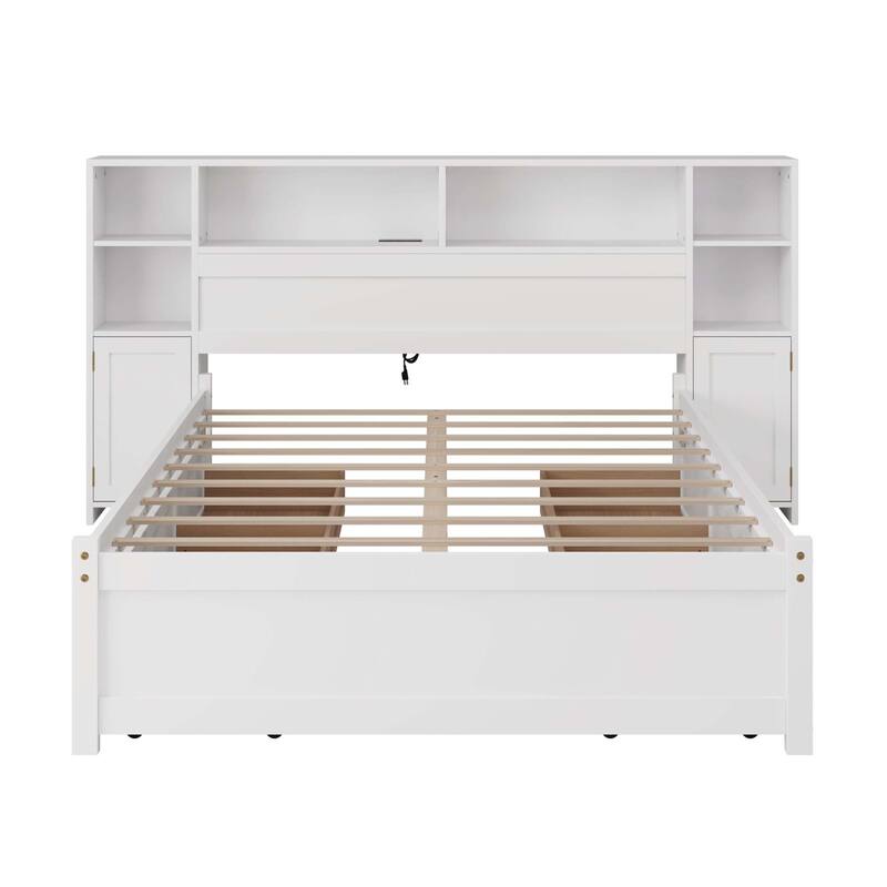 Storage Bed with Tall Bookcase Headboard, 6 Drawers & Charging Station