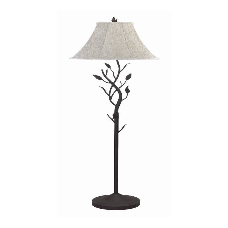 Metal Floor Lamp with Leaf Accent Body and Fabric Bell Shade,Black and Gray