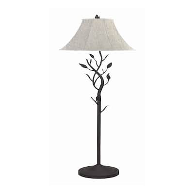 Metal Floor Lamp with Leaf Accent Body and Fabric Bell Shade,Black and Gray