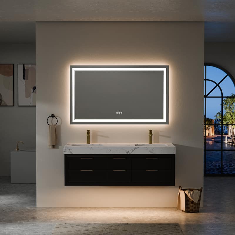 60" Wall-Mount Double Vanity with LED Light. - 60 inch