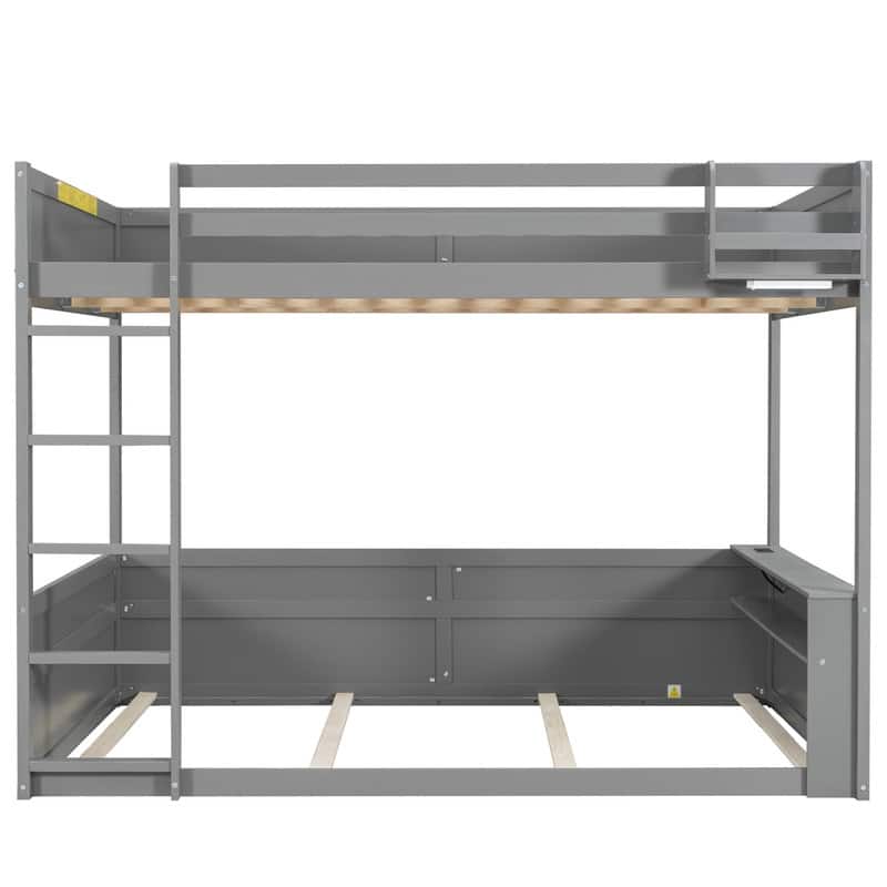 Queen Size Wooden Bunk Bed with Built-in Shelves,LED Light and USB Charging Station