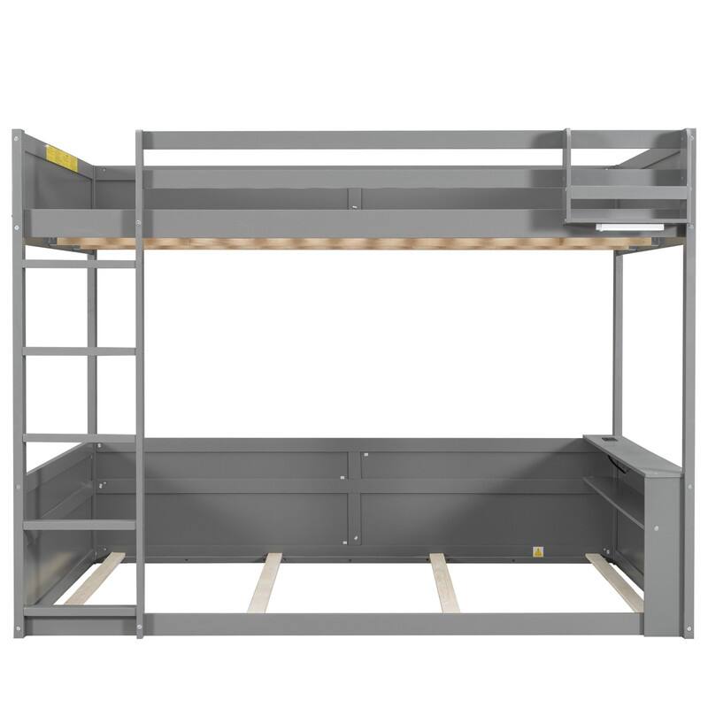 Queen Size Wooden Bunk Bed with Built-in Shelves and Hooks, Versatile Bed Frame with LED Light and Charging Station