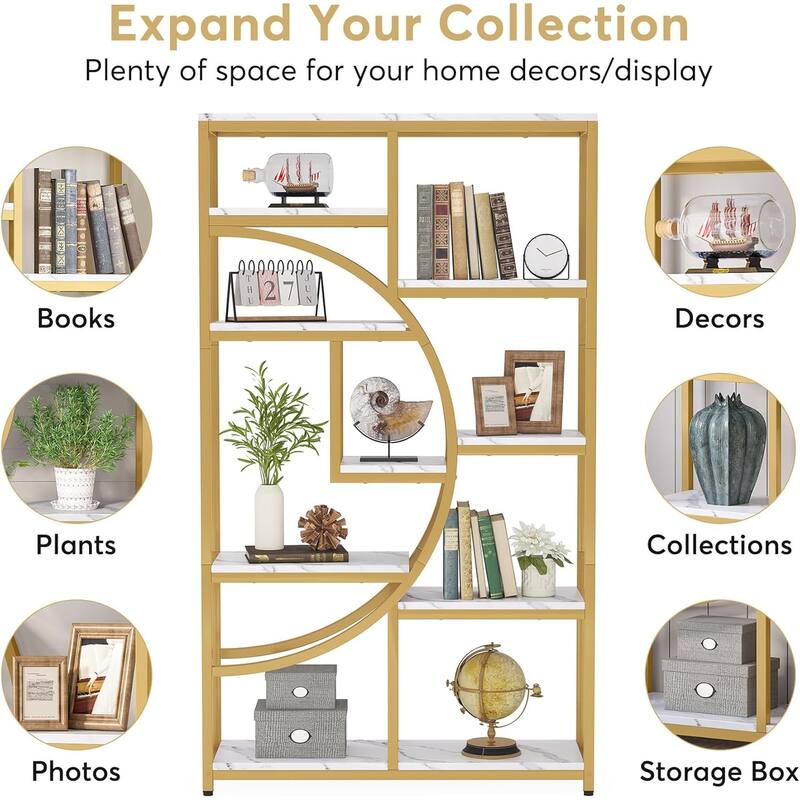 69" Tall Geometric Bookcase with 9 Open Shelves Metal Frame and Marble Laminate Top for Living Room - 37.4”L x 11.81”W x 68.89”H