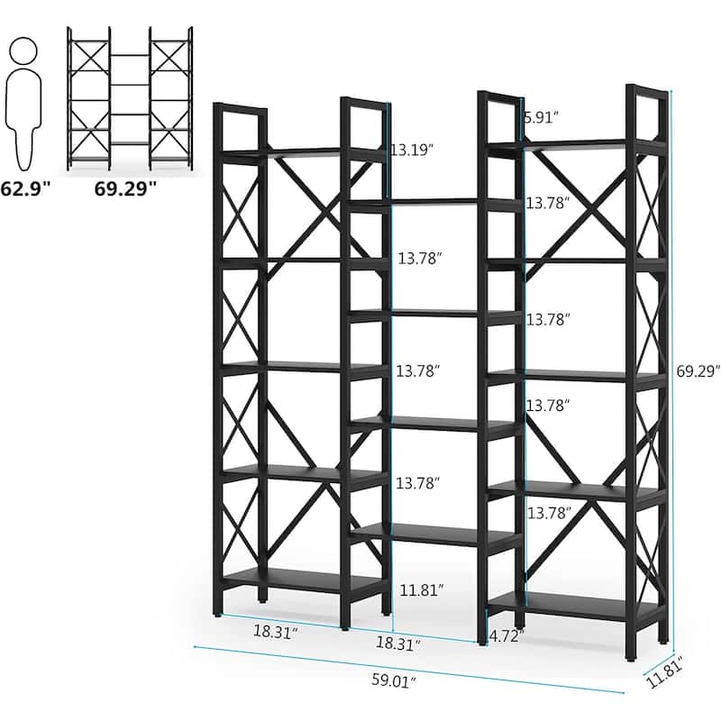 Open Triple Wide 5-Shelf Bookcase, Industrial Etagere Bookshelf for Home & Office