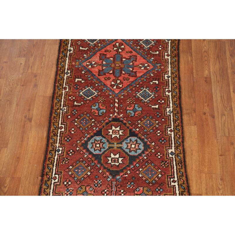 Hand Knotted Oriental 100% Wool Carpet Traditional Geometric Oranges & Rust Heriz (serapi) Runner Rug - 10' 7'' X 2' 1''
