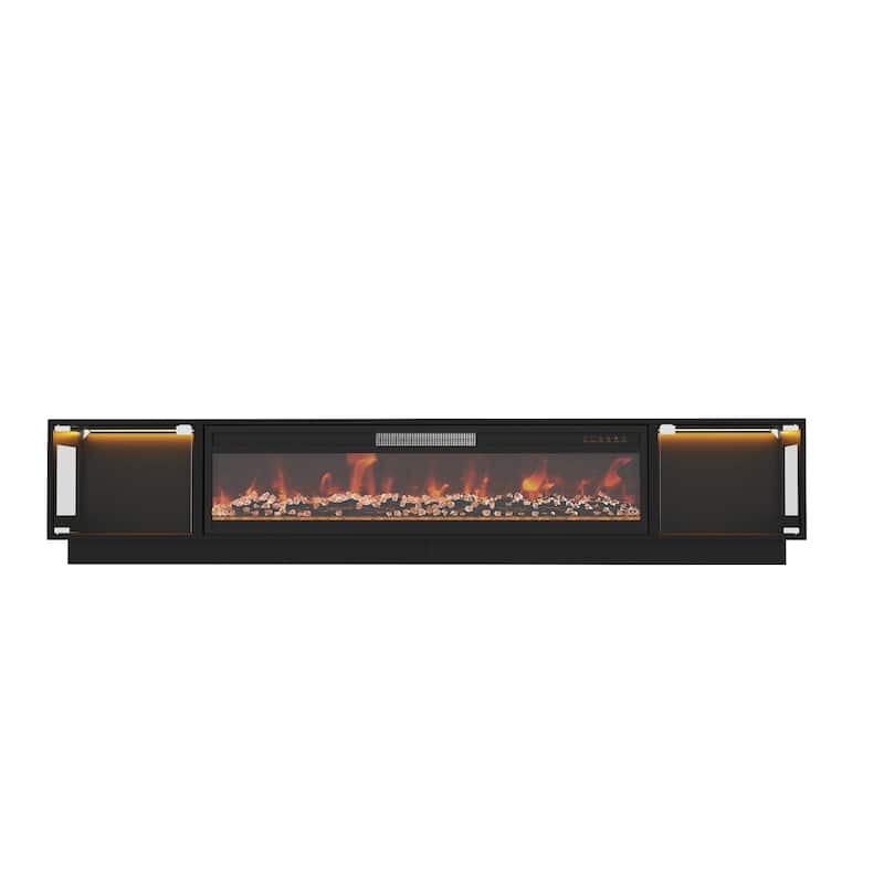 Modern Black Fireplace TV Stand Combo,Remote Fireplace Heater,2 Drawers,Light Strip & USB