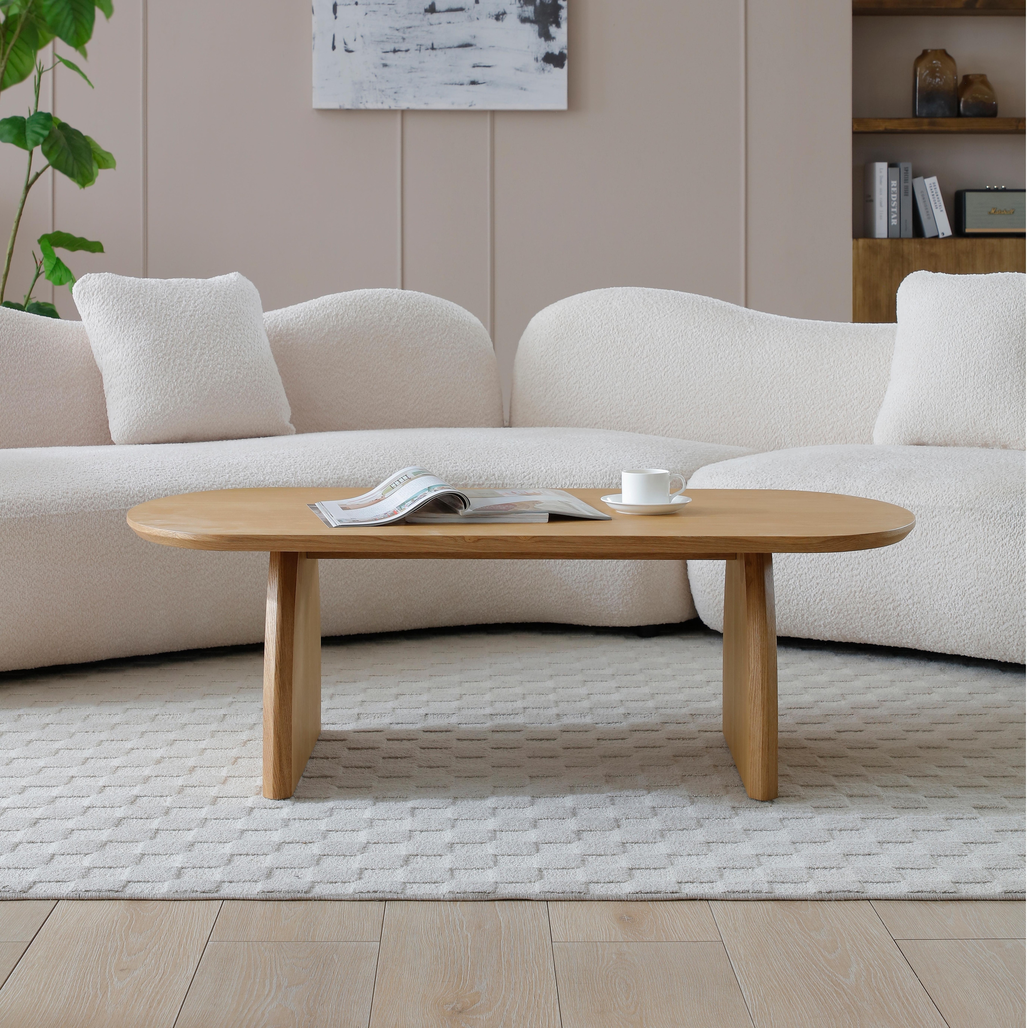 Oval Coffee Table With Solid Wood Veneered Top For Living Room Apartment Small Space Easy Assembly
