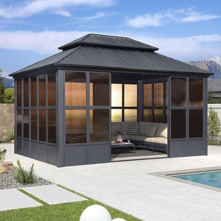 PURPLE LEAF Outdoor Galvanized Steel Hardtop Gazebo, Aluminum Frame Gazebo With Curtains - 12' x 16' - sunroom