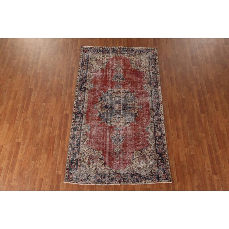 Distressed Oushak Turkish Vintage Area Rug Hand-Knotted Wool Carpet - 4'10" x 8'7"