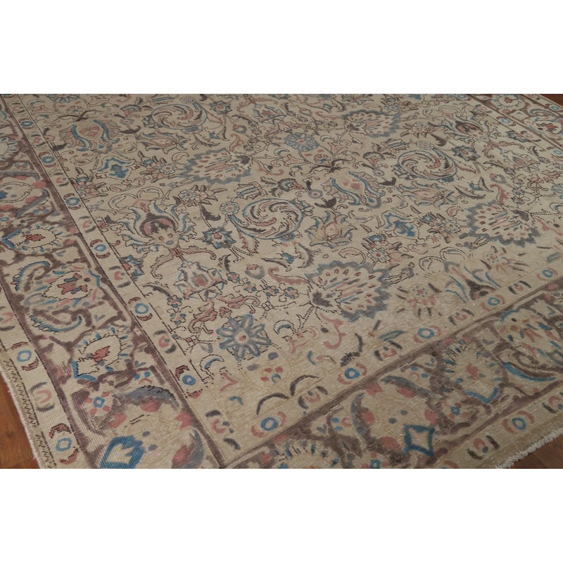 Floral Tabriz Persian Area Rug Distressed Handmade Wool Carpet - 8'8"x 11'5"