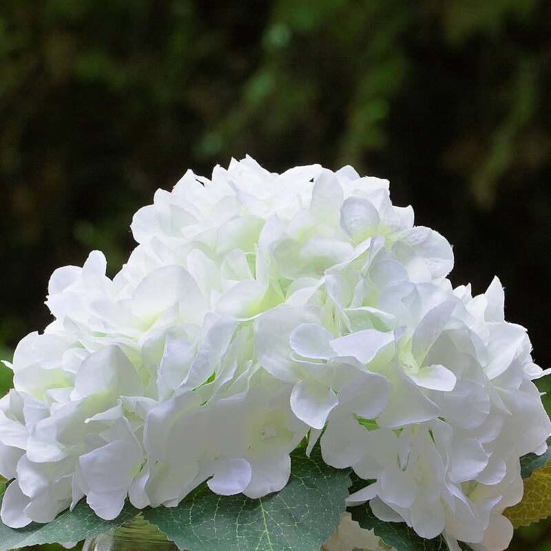 Hydrangea Artificial Flowers in Round Glass Vase with Faux Water, Silk Flower Arrangements in Vase for Home Decor, Wedding Table