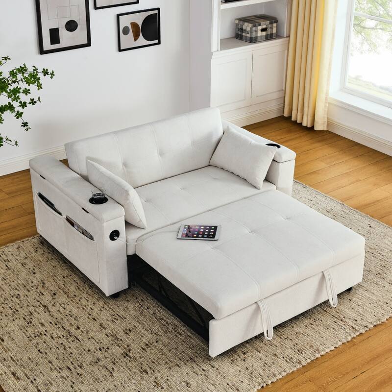 Sleeper Sofa Couch Bed, Pull Out Loveseat with Storage, Convertible Sleeper Sofa w/ Side Pockets, Adjustable Backrest & USB Port
