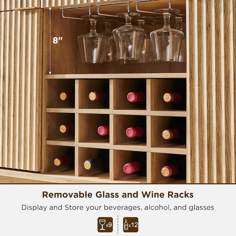 Modern Fluted Wine Bar Cabinet, Coffee Bar Cabinet w/Wine & Glass Rack