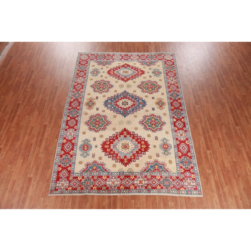 Hand Knotted Oriental 100% Wool Carpet Traditional Geometric Beige & Ivories Kazak Area Rug - 11' 0'' X 7' 9''