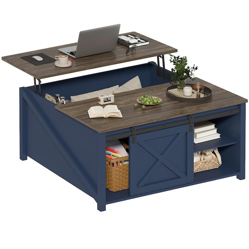 BOSSIN 31.5" Square Farmhouse Lift-Top Coffee Table - Wooden Living Room Center Table with Hidden Storage - Blue