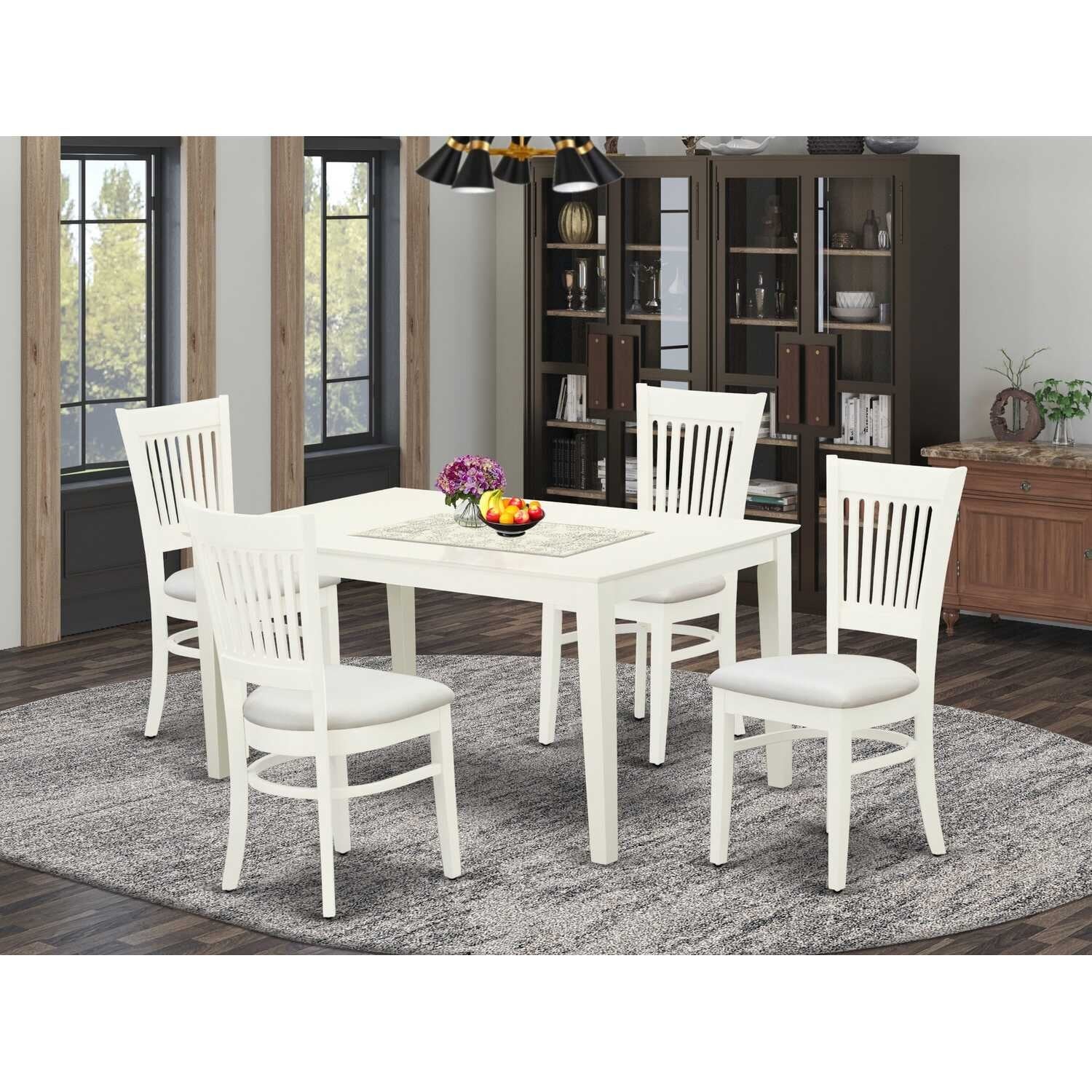 5-Piece Linen White Finish Solid Wood Top - Rectangular Dining Room Set Seats-4