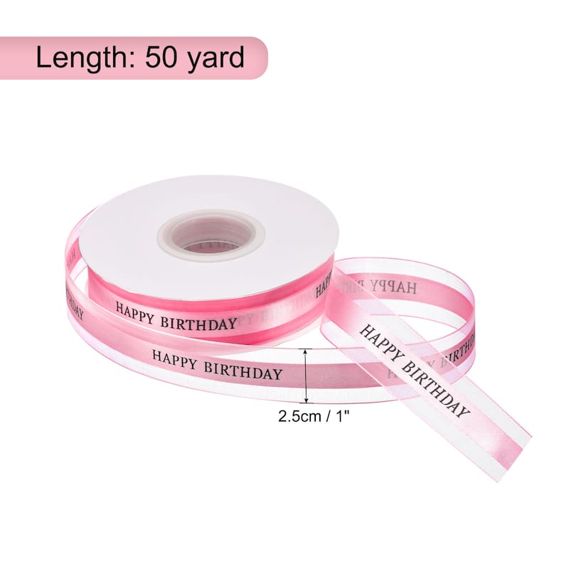 1" 50 Yard Happy Birthday Ribbon Chiffon Organza Satin Ribbon - Light Pink