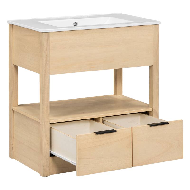 30" Bathroom Vanity with Sink Top, Bathroom Cabinet with Open Storage Shelf and Two Drawers, One Package