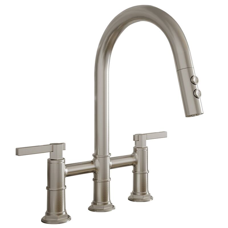 Modern Double Handle 3-Holes Deck Mount Bridge Kitchen Faucet - Brushed Nickel