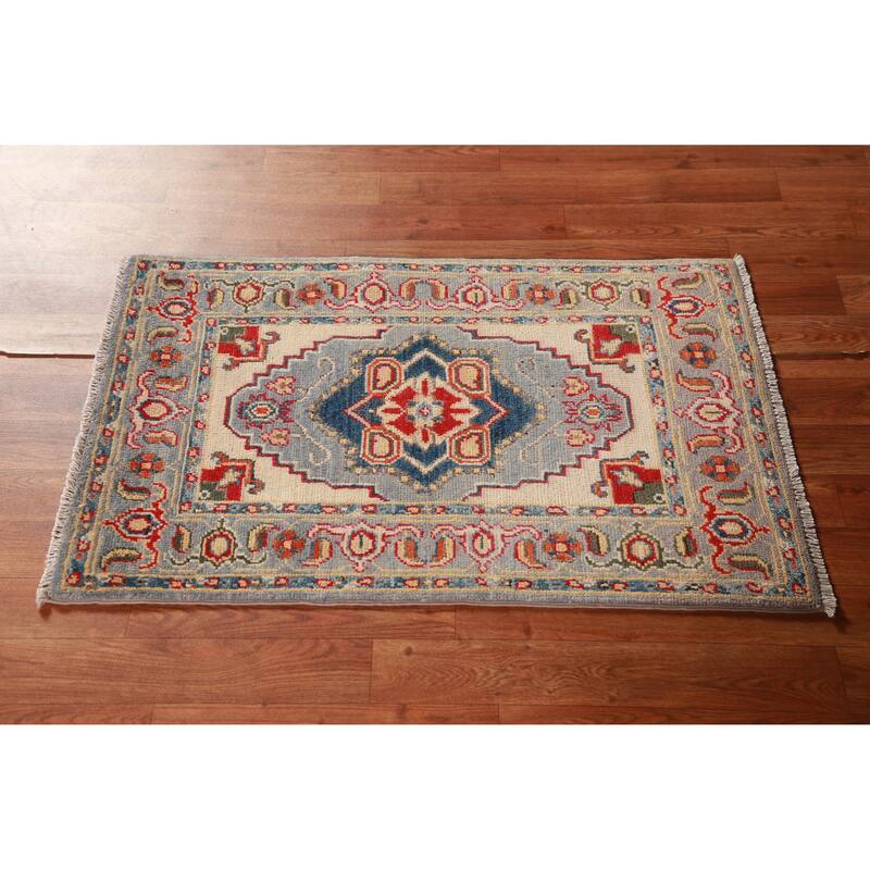 Traditional Kazak Oriental Rug Hand-Knotted Blue Wool Carpet - 2'0"x 3'0"