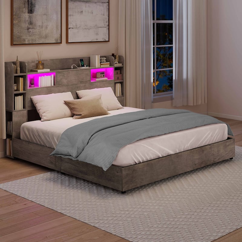 Moasis Queen/King Size Bed Frame with Bookcase Headboard and 4 Storage Drawers