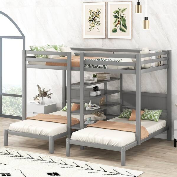 slide 2 of 9, Pine Wood Full XL over Twin & Twin Bunk Bed with 4-Shelf Storage Full XL over Twin & Twin - Gray