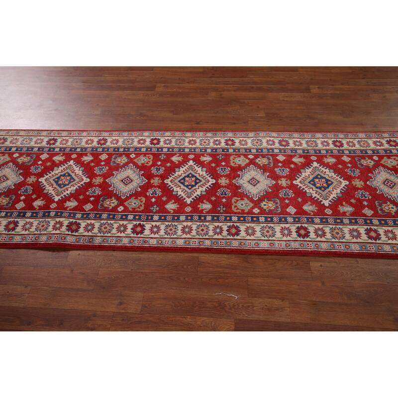 Red Geometric Kazak Runner Rug Hand-Knotted Wool Carpet - 2'7" x 9'8"