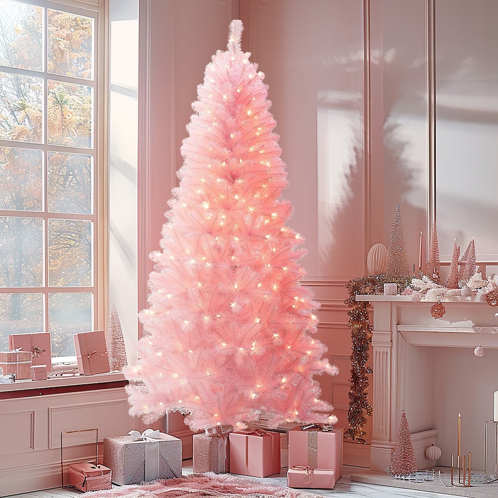 6.5Ft Pre-Lit Pink Hinged Full Artificial Christmas Tree - 78" H x 41.7" Diameter
