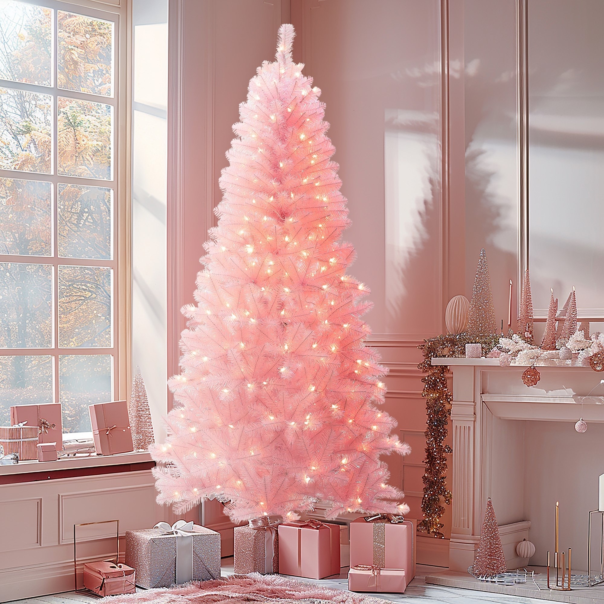6.5Ft Pre-Lit Pink Hinged Full Artificial Christmas Tree - 78" H x 41.7" Diameter