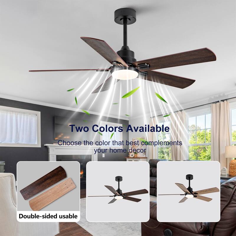 Smart 52" Indoor/Outdoor Ceiling Fan with Light, Dual Finish Black/Walnut 6-Blade, Remote & APP Control, Dimmable LED