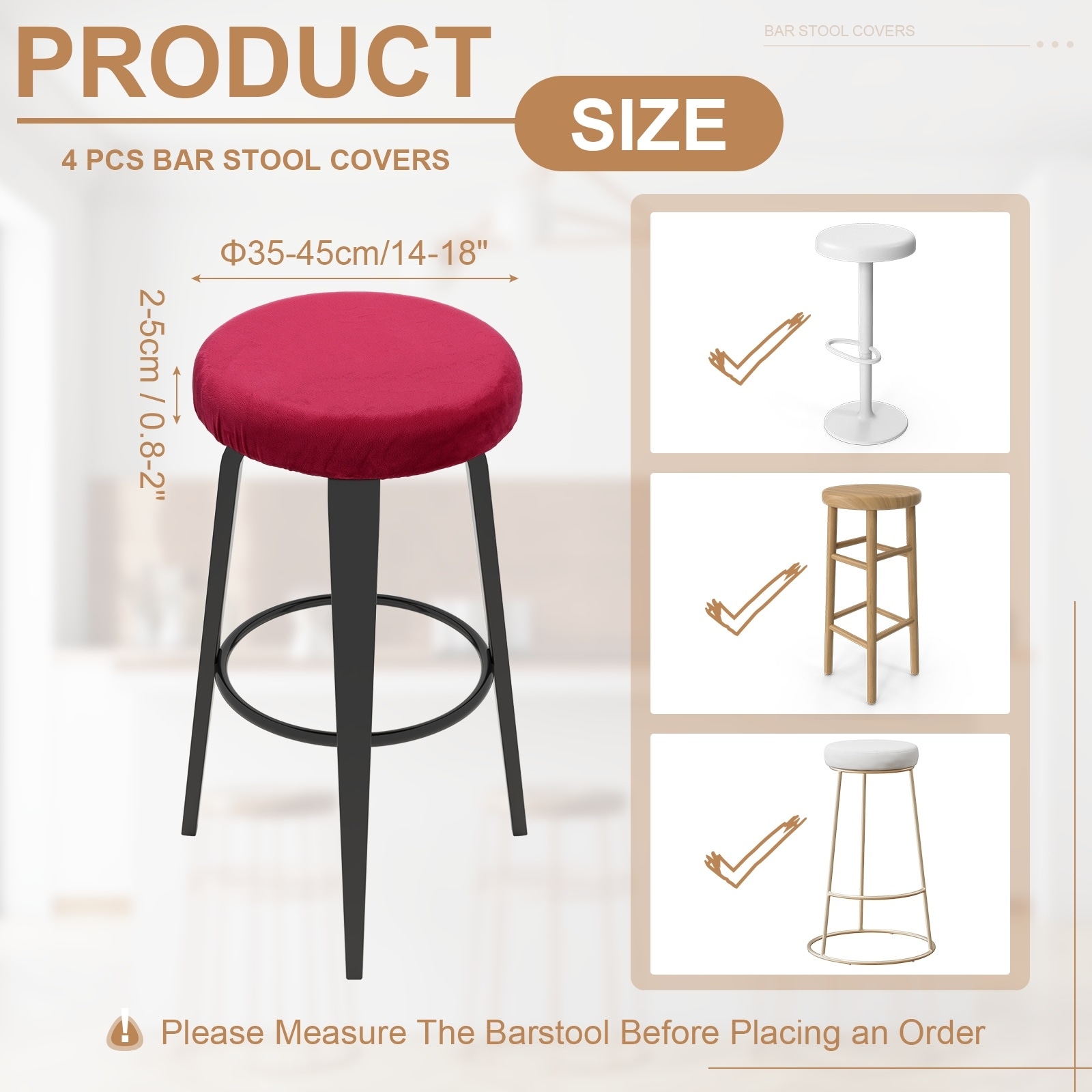 Velvet Bar Stool Covers, Round Bar Stool Cover with Elastic Band Stretch Chair Cover Washable Slipcovers for Round Stool Chair