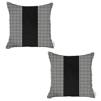 HomeRoots Set Of Two 18" X 18" White And Black Houndstooth Zippered Handmade Polyester Throw Pillow