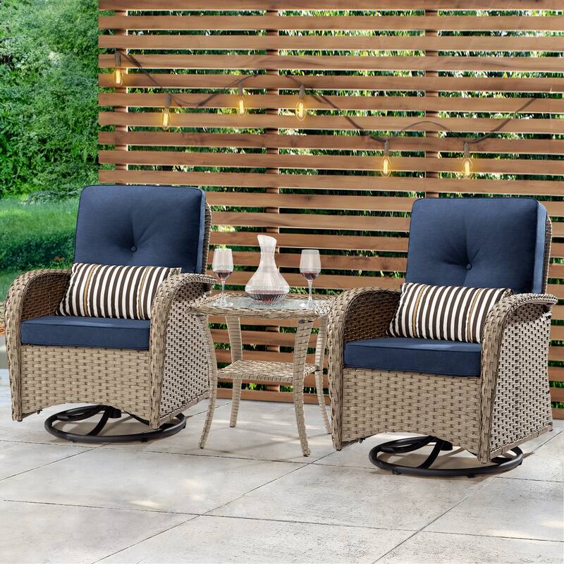 Cozywor 3-Piece Wicker Patio Swivel Outdoor Rocking Chair Conversation Set