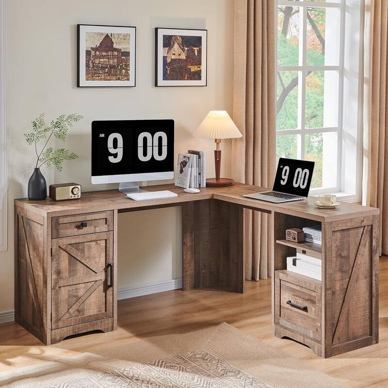 Modern Farmhouse Home Office Desk, Computer Desk with File Cabinet - Light Brown