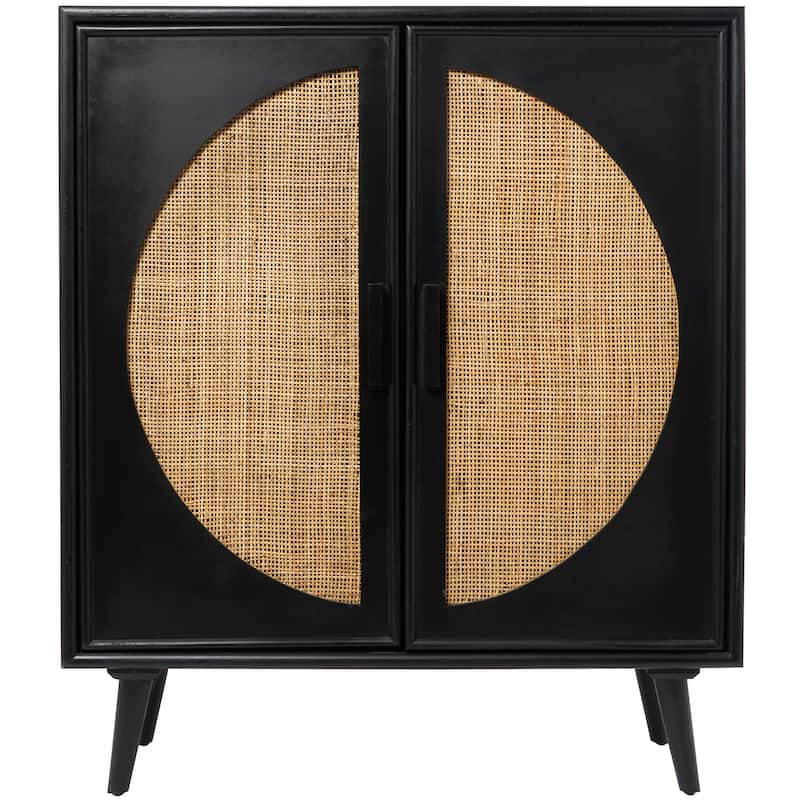 Wood Geometric Square 2 Door Cabinet with Circular Cane Accent - Black - Roche River Decor - 16"W x 36"L x 43"H