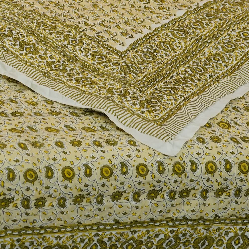 Fabdivine Organic Cotton Quilt - Blue Green Floral, Reversible Handmade Natural Boho Bedding for Bedroom & Living Spaces