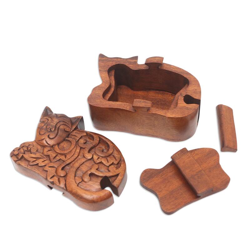 Novica Handmade Sleepy Cat Wood Puzzle Box