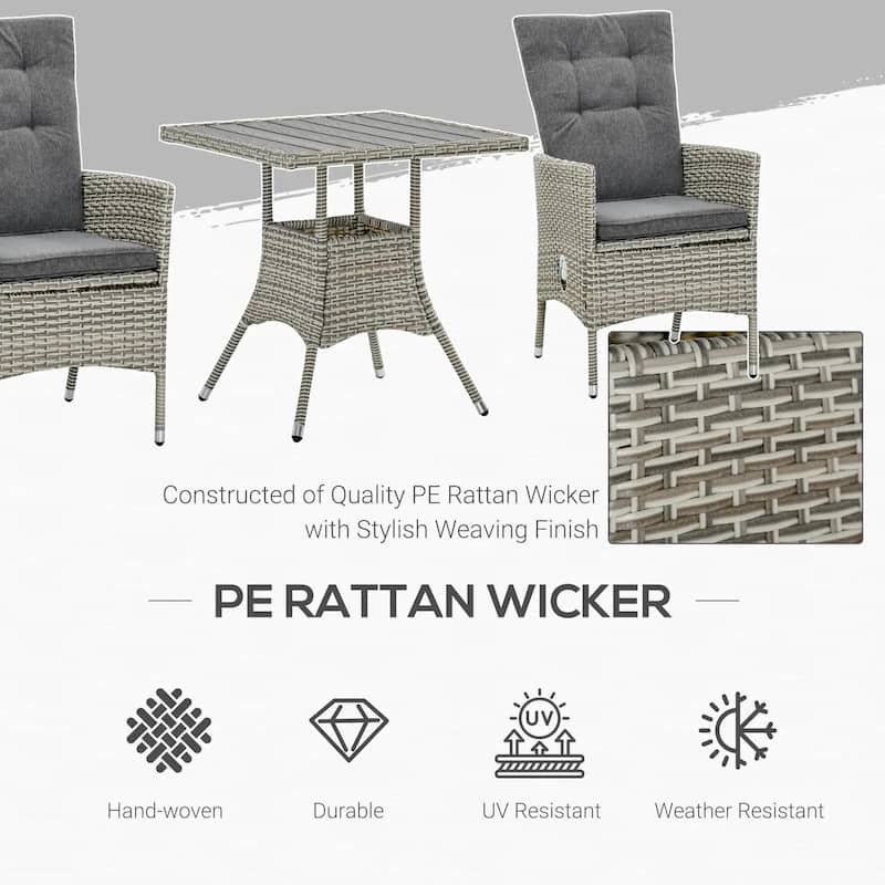 3-Piece PE Wicker Set, Tufted Reclining Chairs, Coffee Table, Outdoor