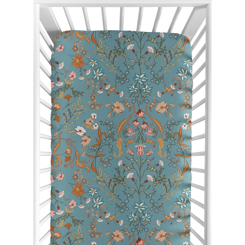 Boho Wildflower Vintage Floral Girl Fitted Crib Sheet Turquoise Orange Daisy Leaves Botanical Paisley Flower Bohemian Farmhouse - Nature/Baby Girl - Multicolor