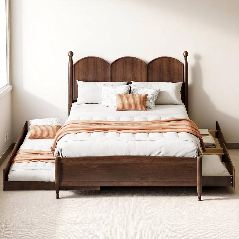 Rustic Queen Bed with Drawers and Pull-Out Twin XL Trundle, Solid Pine Platform Bed with Storage - Walnut - Queen
