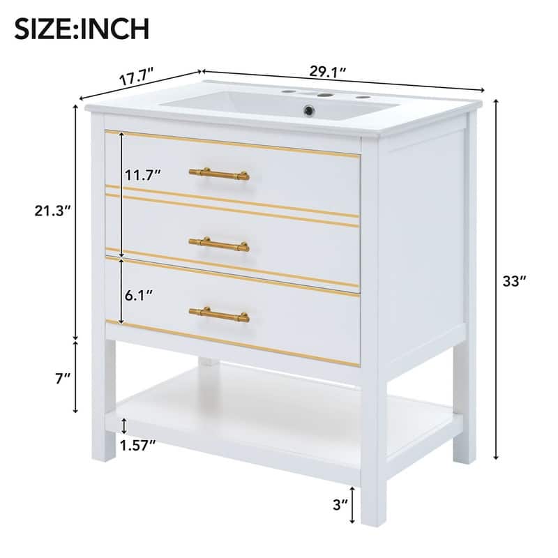 30" Bathroom Vanity with Ceramic Sink,Open Storge, 2 Drawers