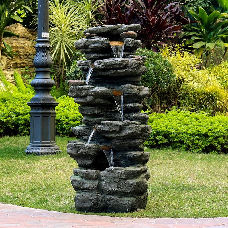 40in High Outdoor 6-tier Rock Cascading Water Fountain with LED Lights - N/A