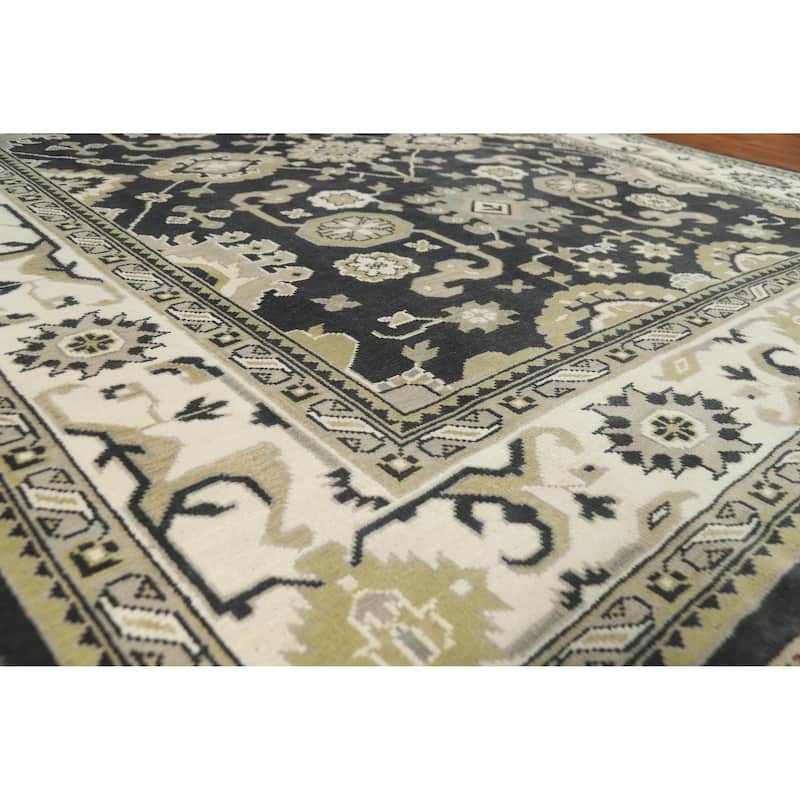 Black Oushak Indian Area Rug Hand-Knotted Wool Carpet - 9'1" x 11'9" - Black - 9'1" x 11'9"