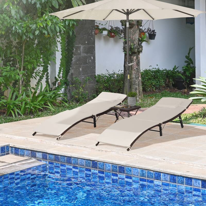 Outsunny 3 Piece Outdoor Folding Rattan Wicker Chaise Lounge Chair and Side Table Set