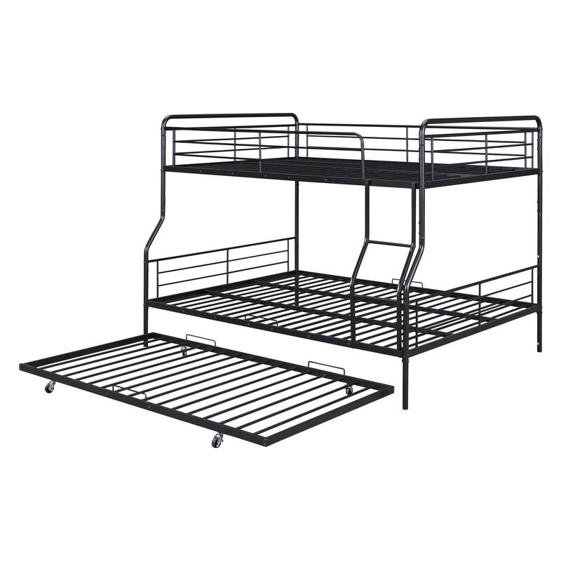 Full XL Over Queen Metal Bunk Bed w/ Twin Size Trundle, Dorm Convertible Heavy-Duty Iron Bed Frame w/ Ladder & Safety Guardrails
