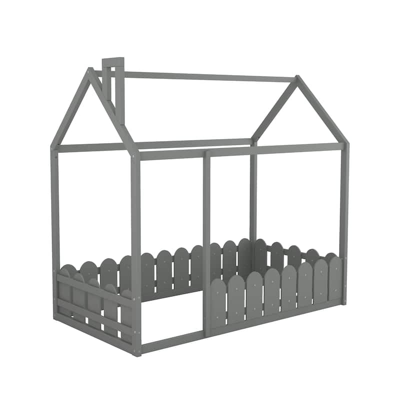 Twin House Bed with Door, Roof and Garden-style Fence, Kids Semi-Enclosed Play Area Wooden Floor Bed Frame