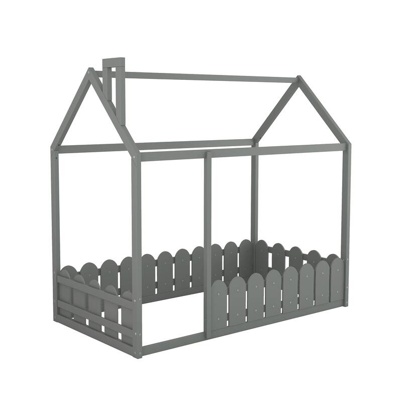 Twin Size Wood House Bed Frame with Fence for Kids and Teens, Gray