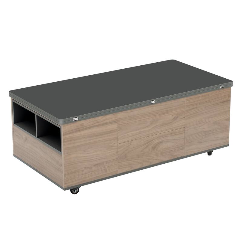 Modern Lift Top Coffee Table with 3 Drawers and Lockable Universal Wheels