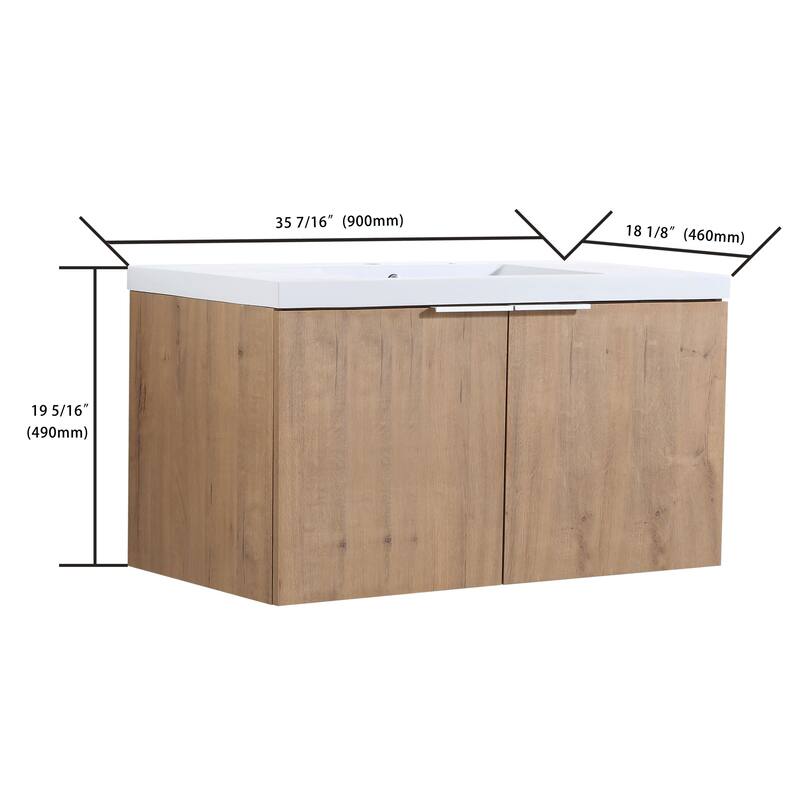 24/30/36 Inch Wall Mounted Single Bathroom Vanity with Resin Vanity Top in Walnut / Oak - 36 - Imitative Oak