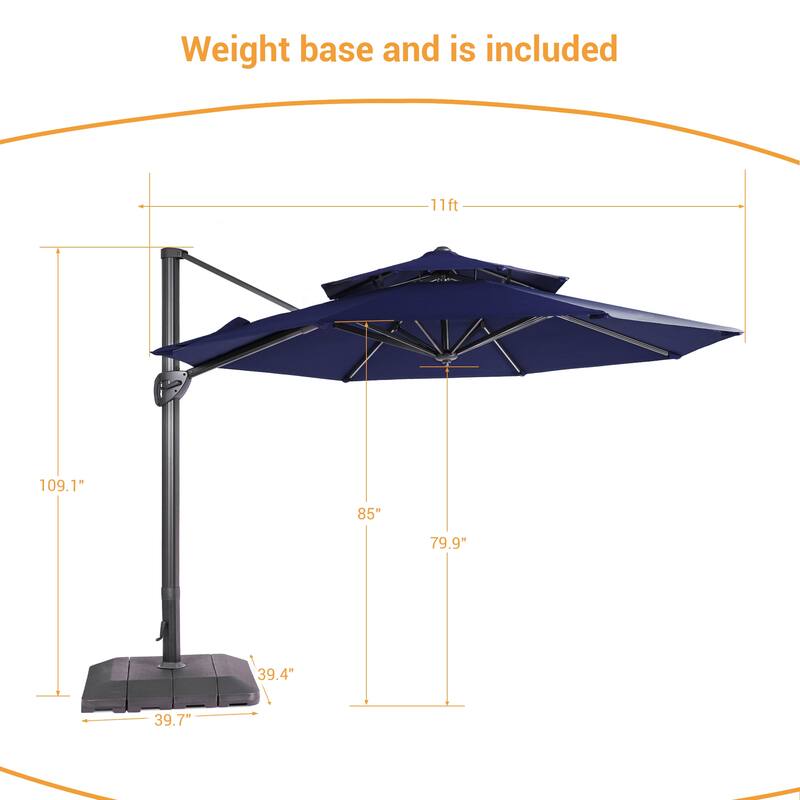 LIVOOSUN 11Ft Double Top Patio Hanging Octagon Cantilever Umbrella with 360-degree Rotating Canopy, Red